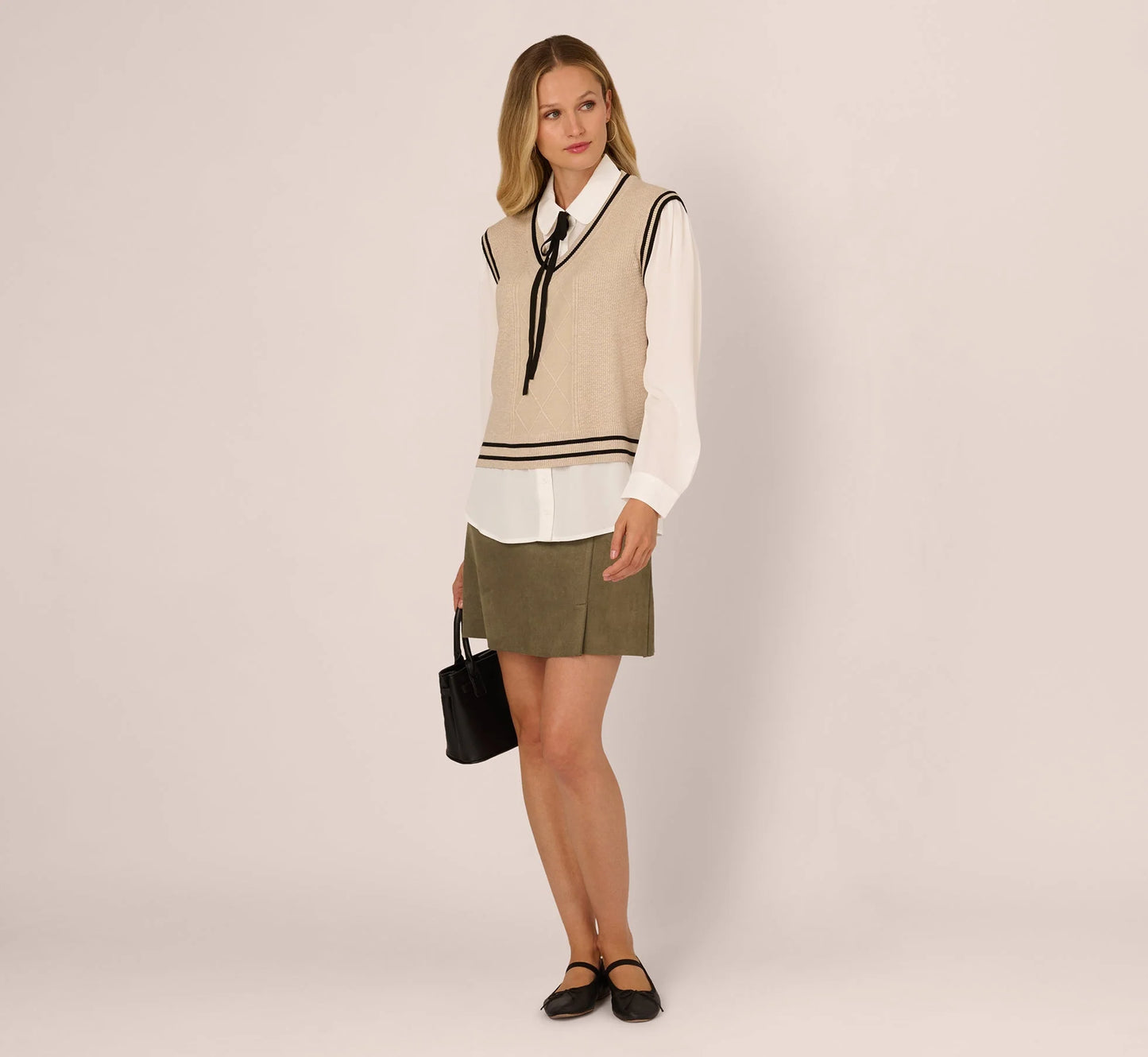 Long Sleeve Tie Neck Sweater Vest Twofer Top In Neutral Black