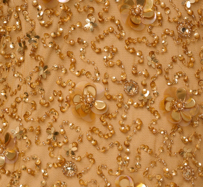 Sleeveless V Neck 3D Floral Beaded Gown In Golden Ray