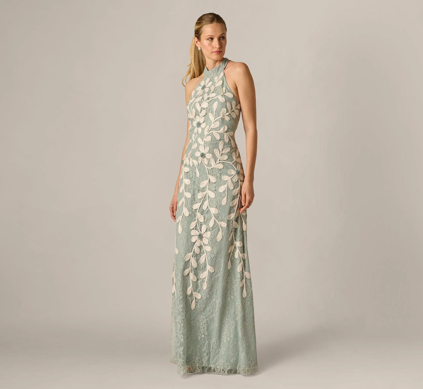 Lace Soutache Embroidery Halter Gown In Sage Ivory