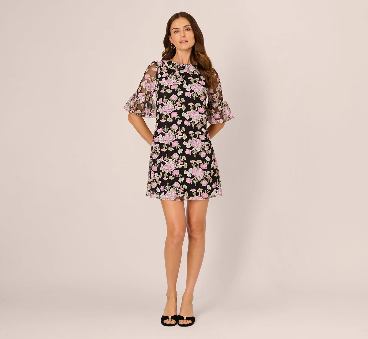 Bell Sleeve Floral Embroidered Short Dress In Black Multi