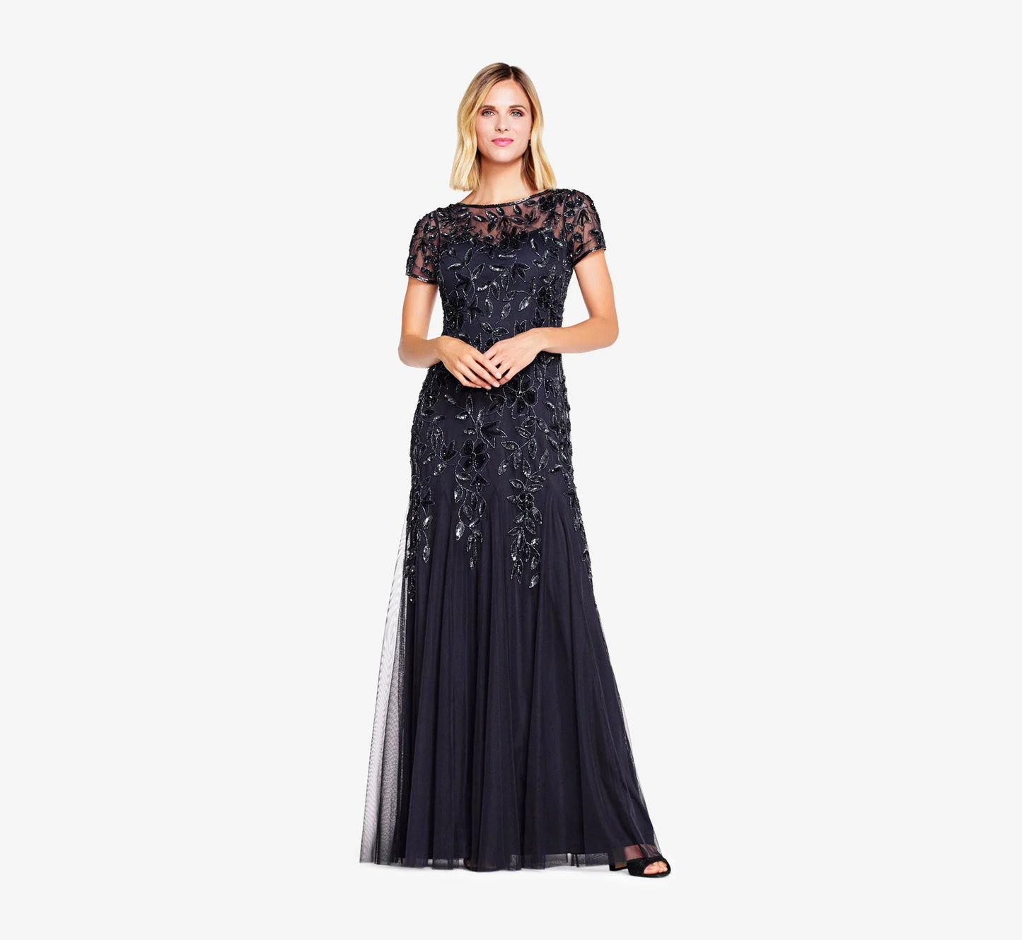 Hand Beaded Short Sleeve Floral Godet Gown In Twilight