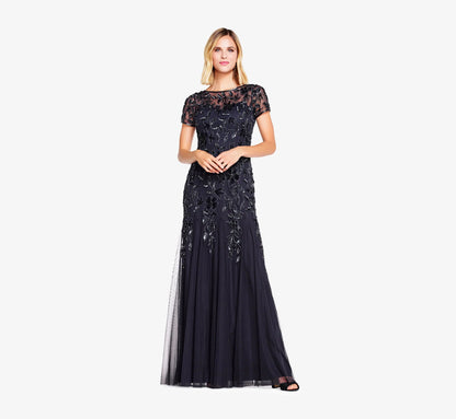 Hand Beaded Short Sleeve Floral Godet Gown In Twilight