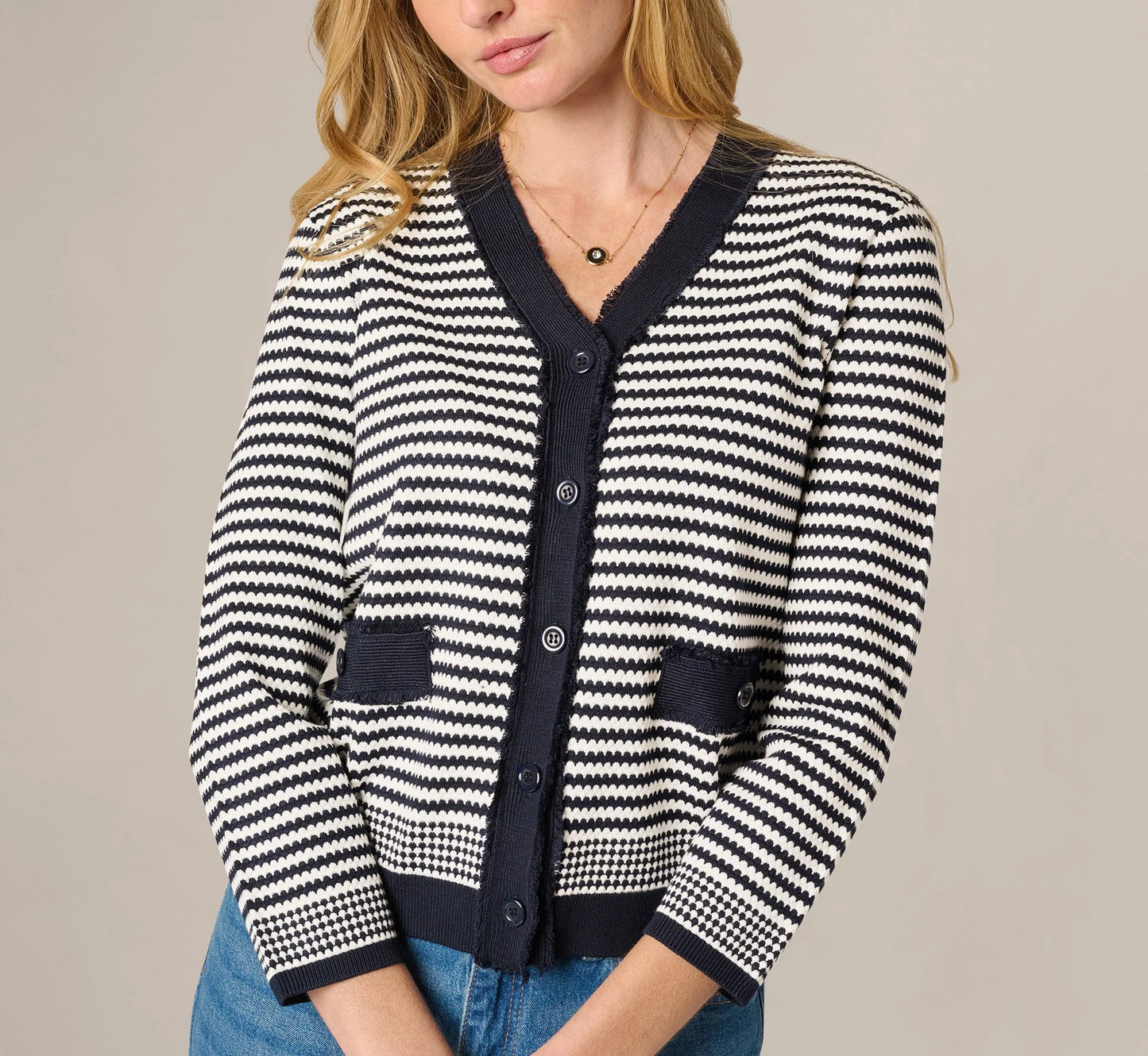 Fringe Trim Cardigan Sweater In Navy Ivory