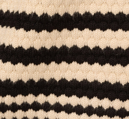 Crew Neck Button Front Striped Pointelle Cardigan Sweater In Cream Black