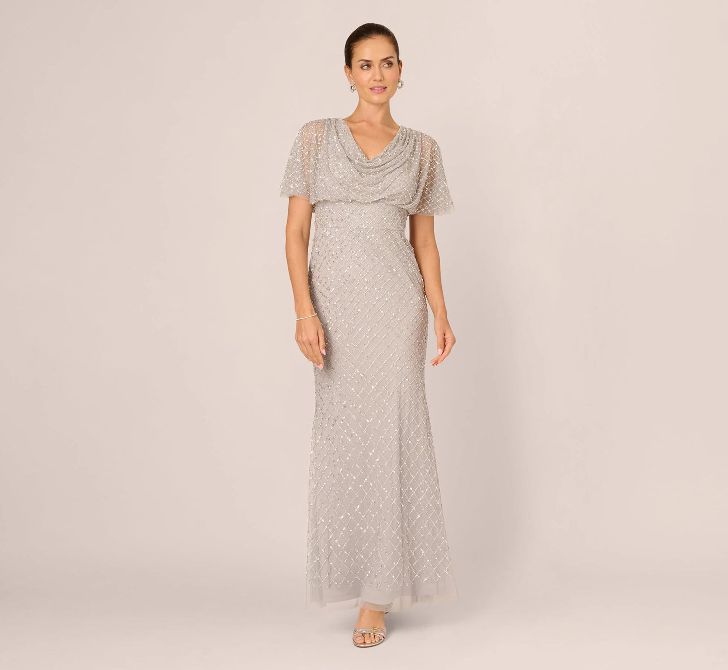 Short Sleeve Diamond Beaded Cowl Gown In Crystal Silver