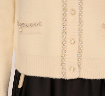 Pearly Bow Cardigan Sweater In Cream