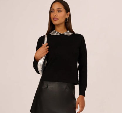 Long Sleeve Pearly Beaded Collar Sweater In Black