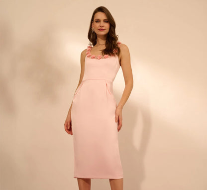 Sleeveless Satin Rosette Midi Sheath Dress In Pink Peach