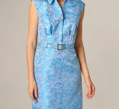 Floral Jacquard Collared Sheath Dress In Blue Multi
