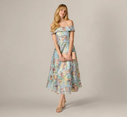 Off Shoulder Watercolor Floral Jacquard Ankle Dress In Blue Multi