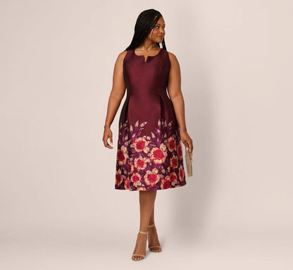 Plus Size Sleeveless Floral Border Jacquard Midi Dress In Plum Multi