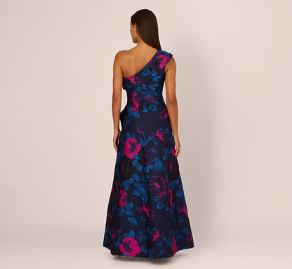 One Shoulder Floral Jacquard A Line Gown In Navy Orchid