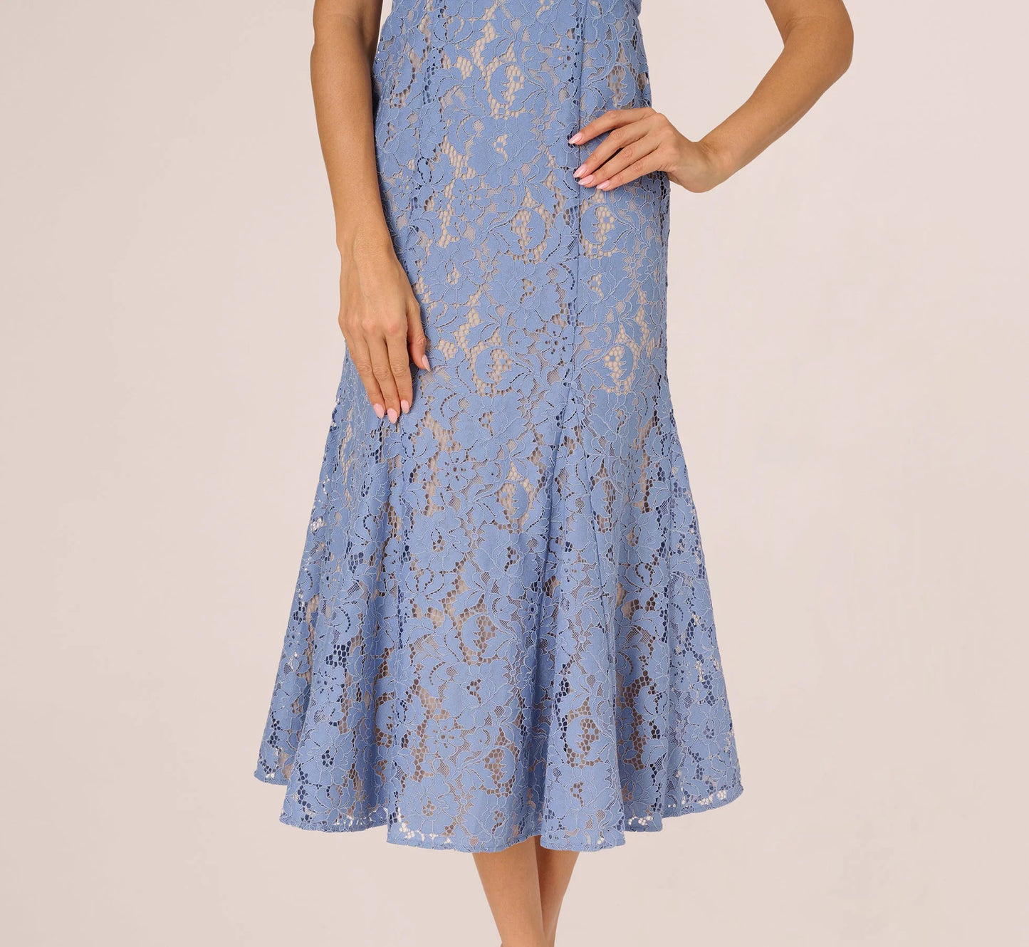 Cap Sleeve Lace Midi Dress In French Blue Nude