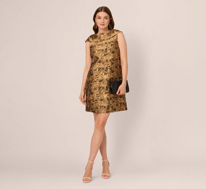 Sleeveless Jacquard Roll Collar Shift Dress In Gold Black