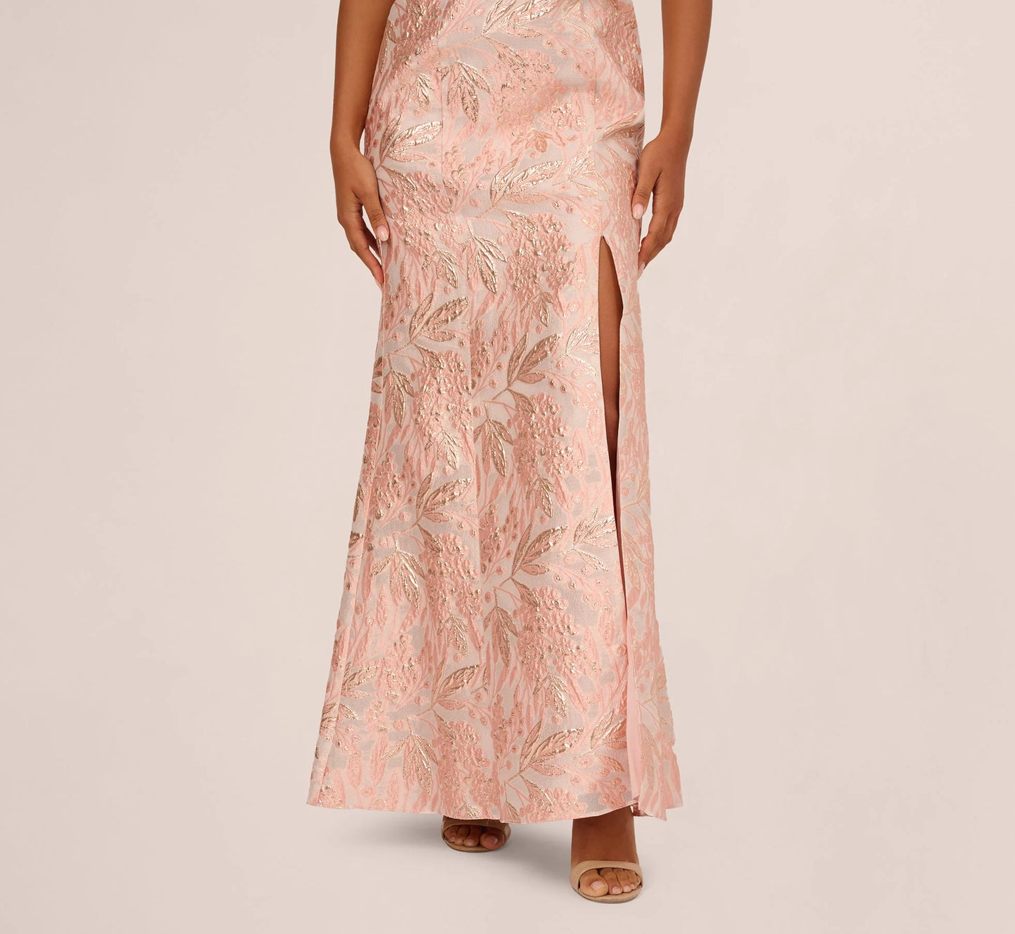 Off Shoulder 3D Floral Jacquard Gown In Blush