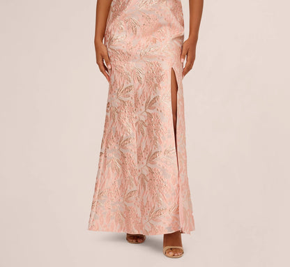 Off Shoulder 3D Floral Jacquard Gown In Blush