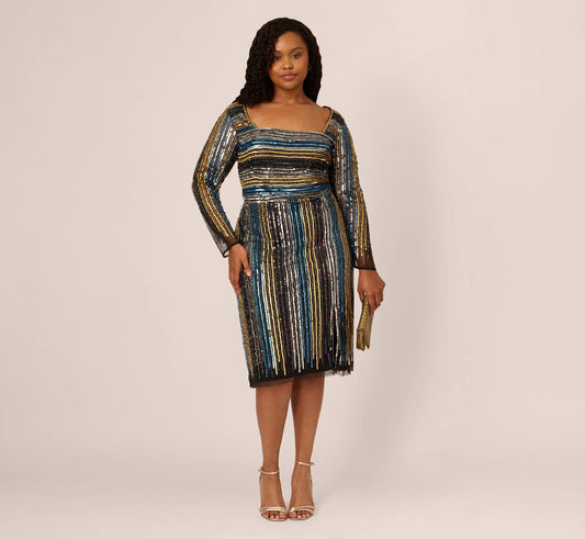 Plus Size Sequin Beaded Sheath Dress With Sheer Long Sleeves In Black Blue Multi