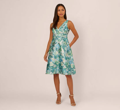 Metallic Floral Jacquard Midi Dress In Blue Multi