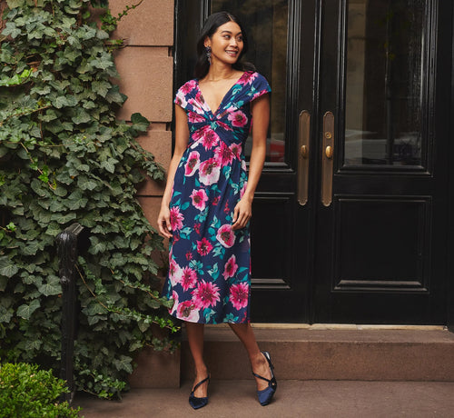 Cap Sleeve Floral Chiffon A Line Midi Dress In Navy Pink Multi