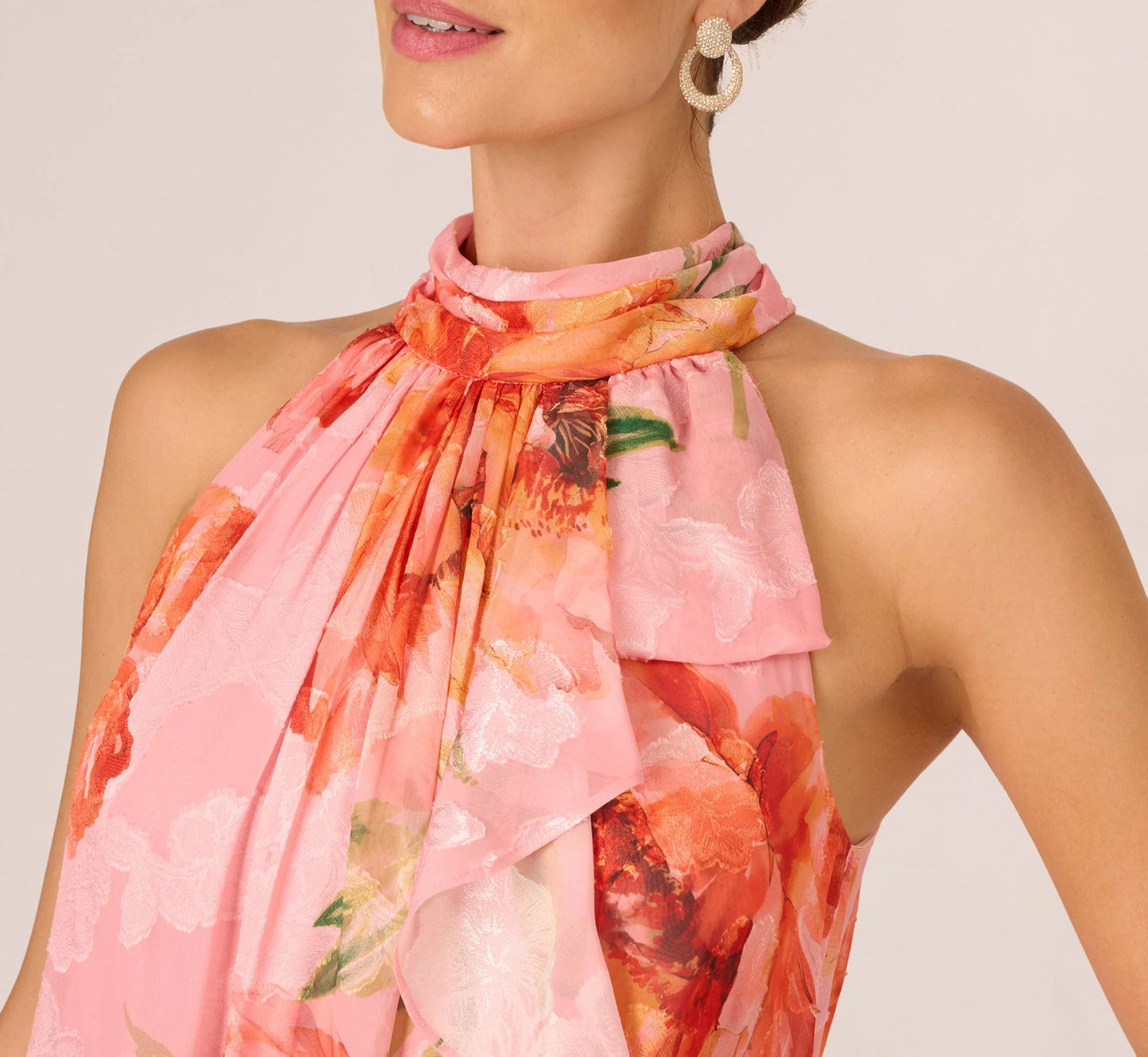 Floral Chiffon Trapeze Halter Gown In Pink Multi