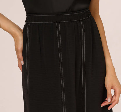 Contrast Stitching A Line Midi Skirt In Black Ivory