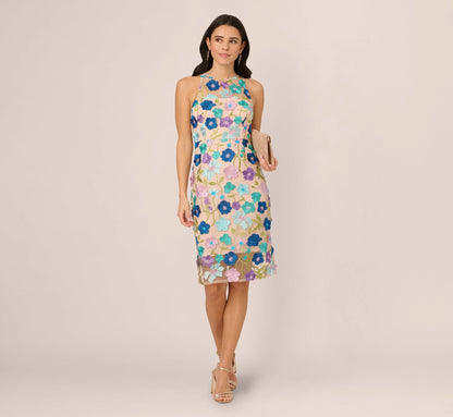 Multicolor Floral Embroidered Halter Midi Dress In Blue Multi