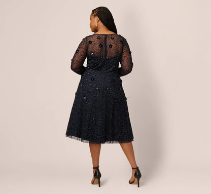Plus Size Long Sleeve Illusion Floral Beaded Midi Dress In Midnight