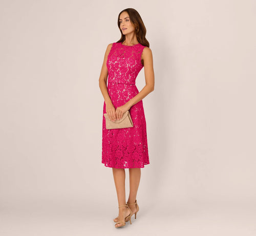 Sleeveless Lace Fit And Flare Dress With Sheer Details In Tropical Pink