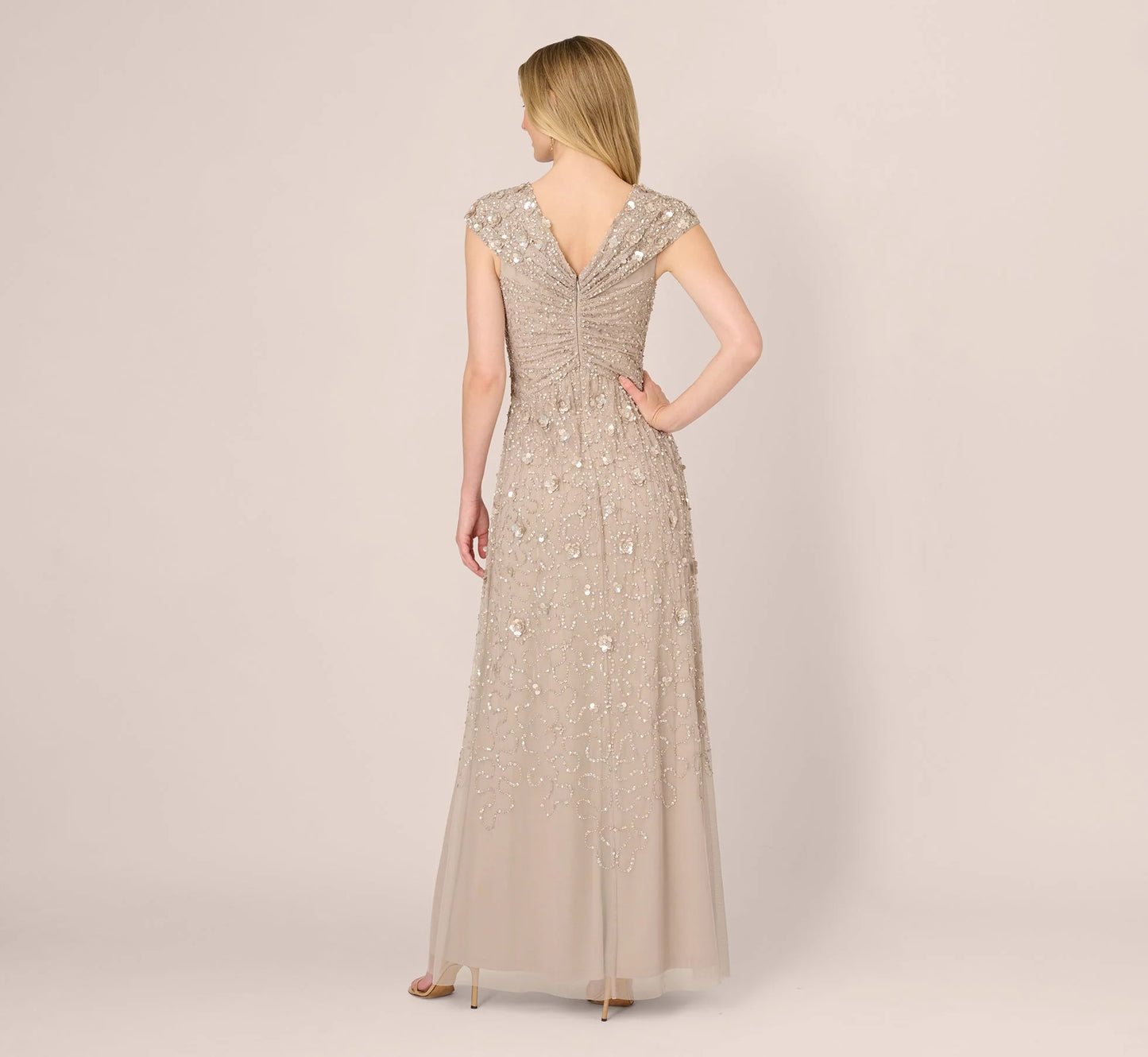 Cap Sleeve Beaded Sequin Floral Gown In Marble