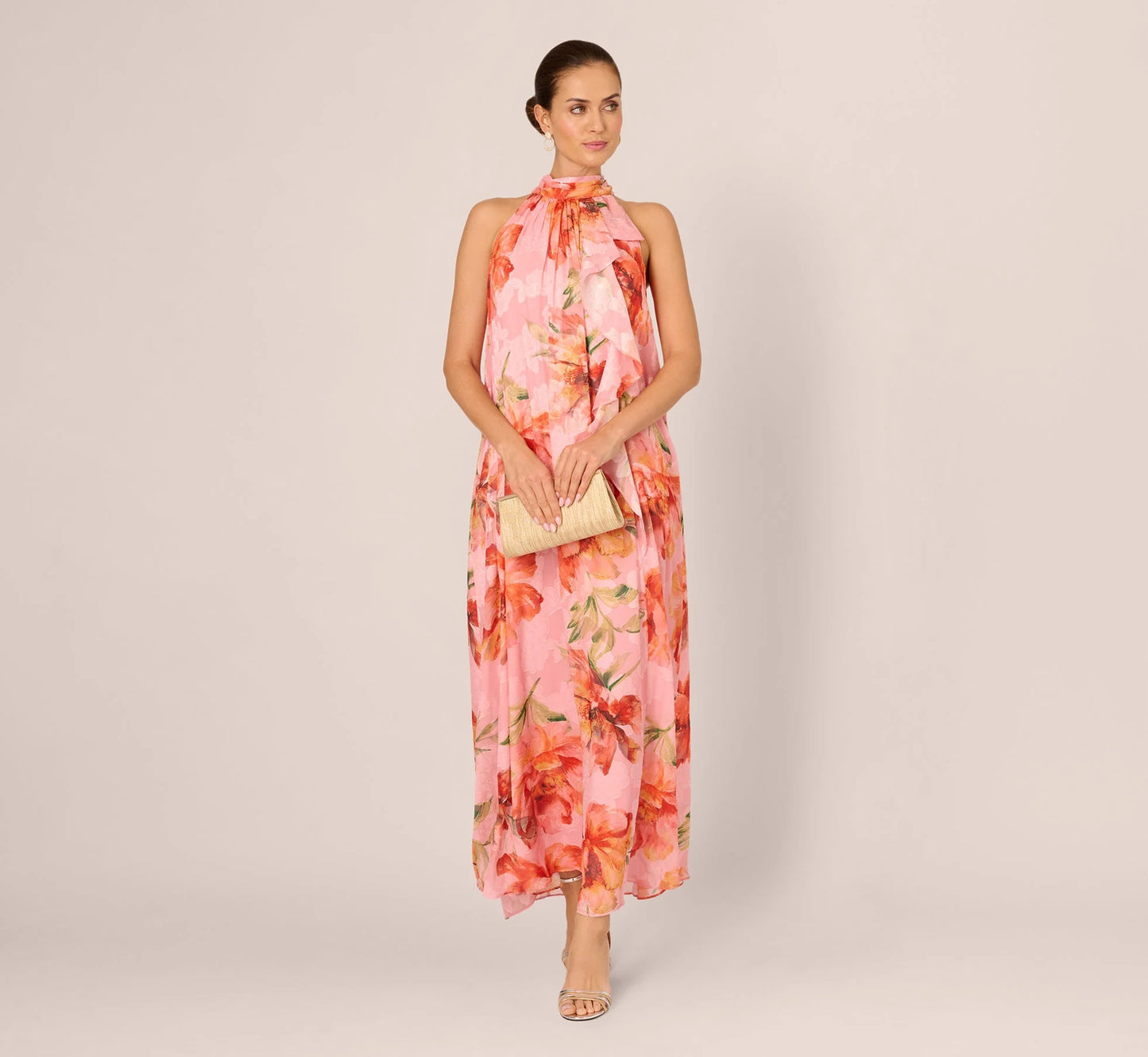 Floral Chiffon Trapeze Halter Gown In Pink Multi