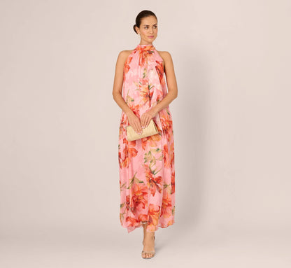 Floral Chiffon Trapeze Halter Gown In Pink Multi