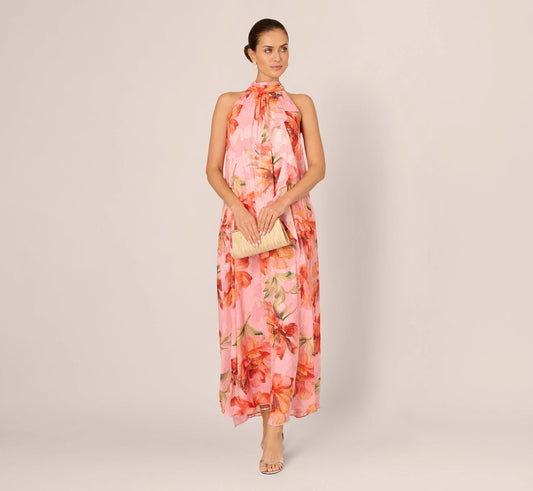 Floral Chiffon Trapeze Halter Gown In Pink Multi