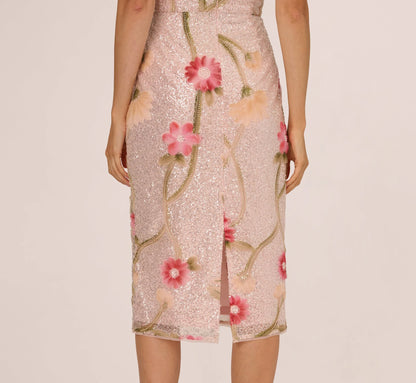 Sequin Floral Midi Sheath Dress In Silver Blush Multi