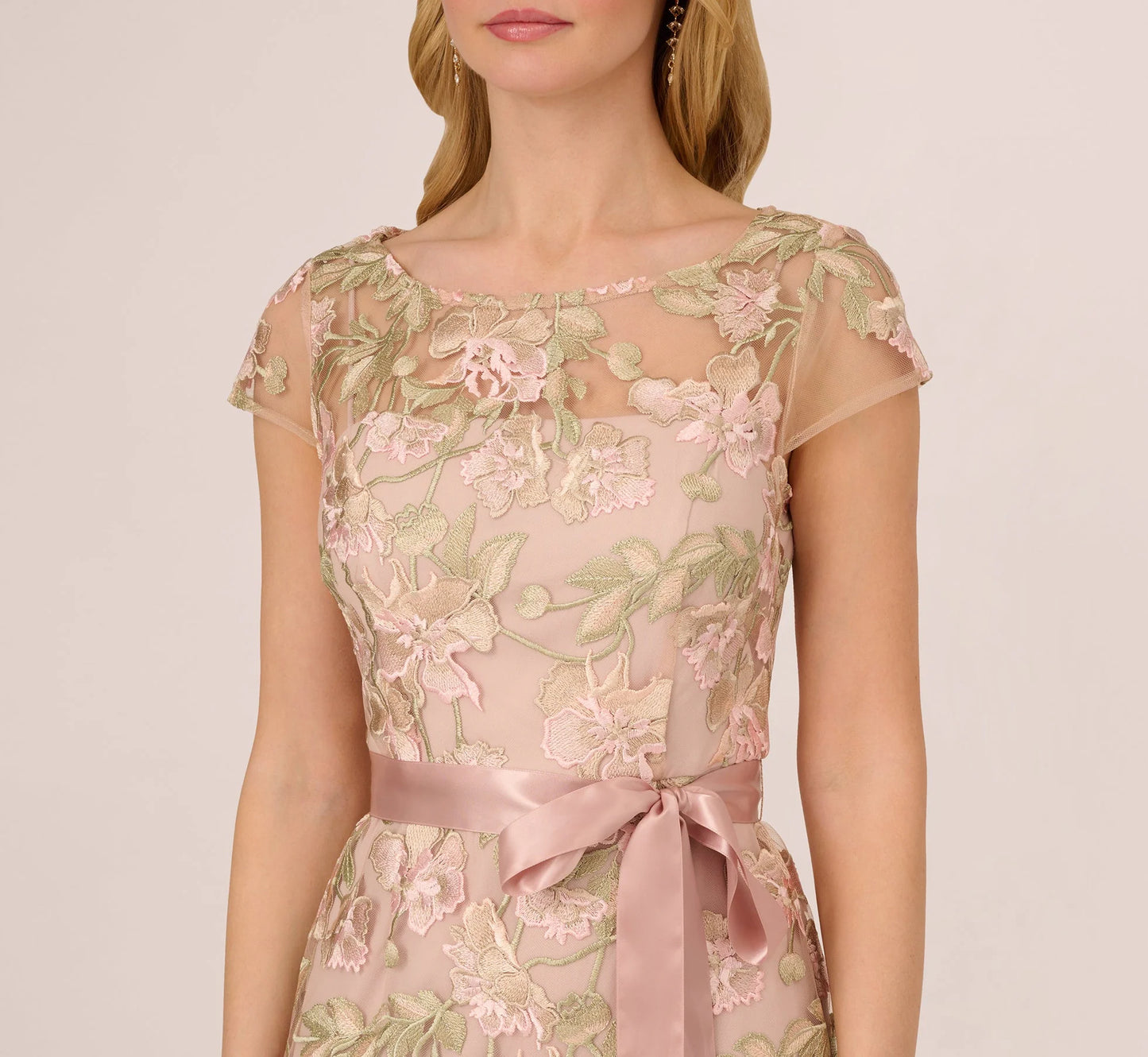 Short Sleeve Floral Embroidered Gown With Ribbon Tie Waist In Blush Nude Multi