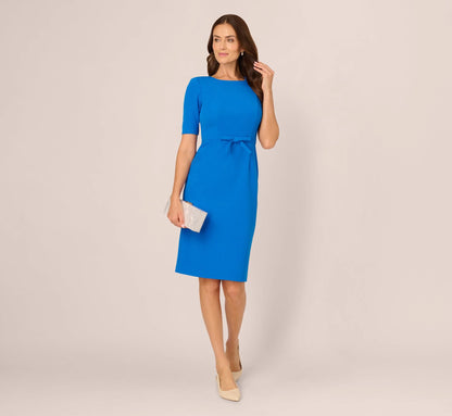 Short Sleeve Bow Waist Sheath Dress In Cool Cobalt