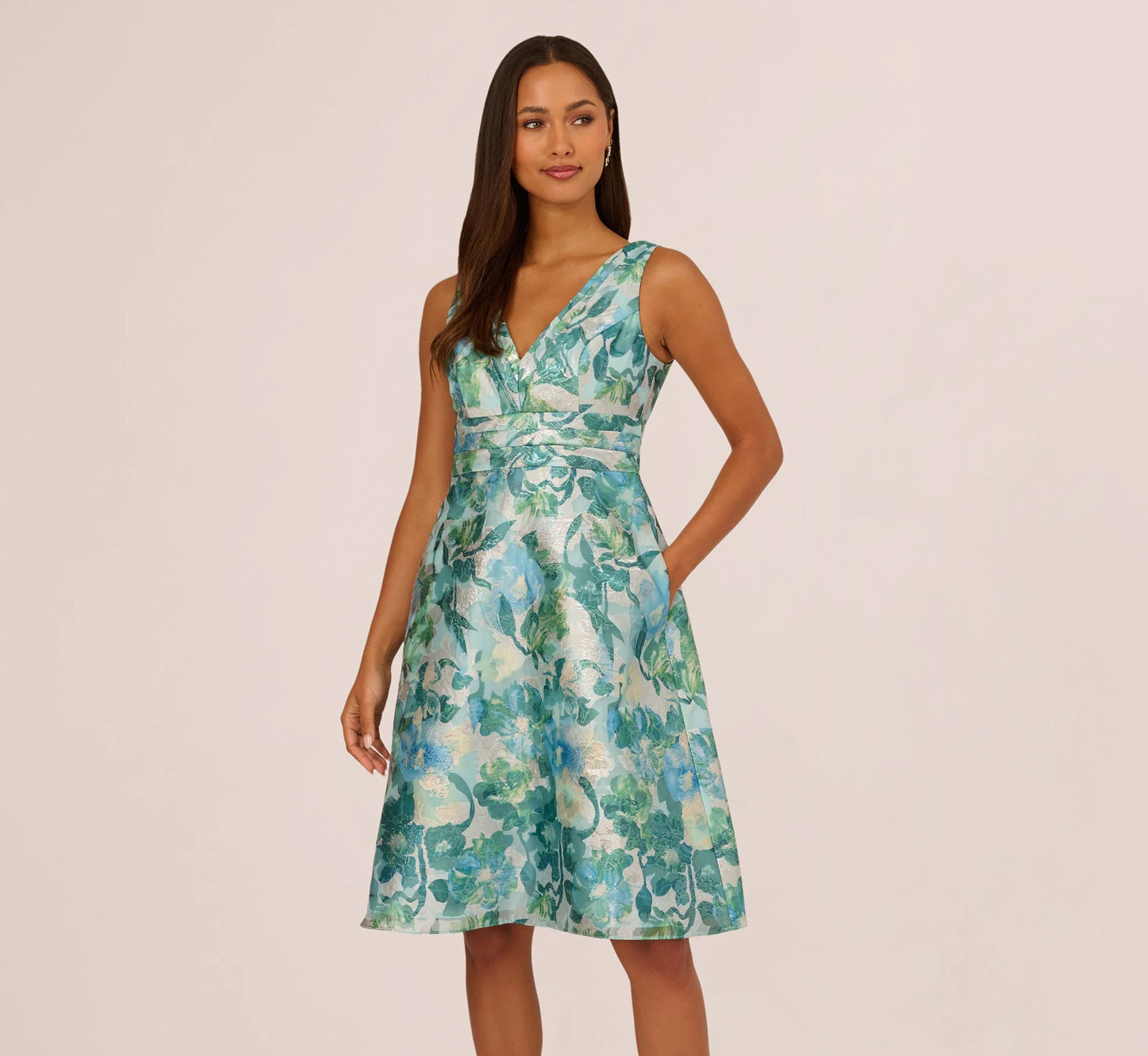 Metallic Floral Jacquard Midi Dress In Blue Multi