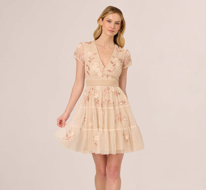 Cap Sleeve Pearly Sequin Cocktail Dress In Pale Pink