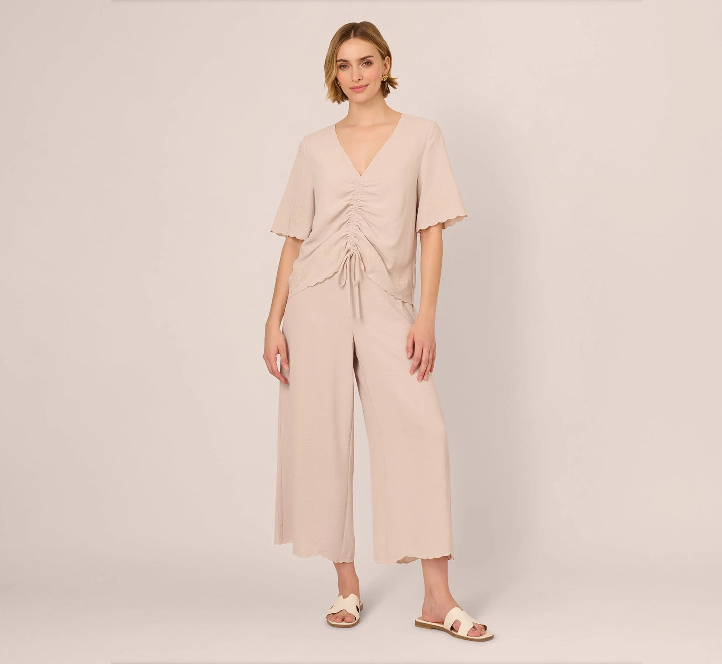 Embroidered Airflow Top And Wide Leg Pant Set In Pebble