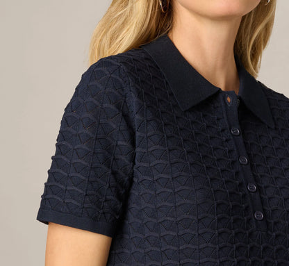 Short Sleeve Open Pointelle Polo Top In Blue Moon