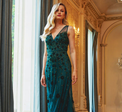 Velvet Floral Beaded Gown With Sheer Tank Straps In Gem Green