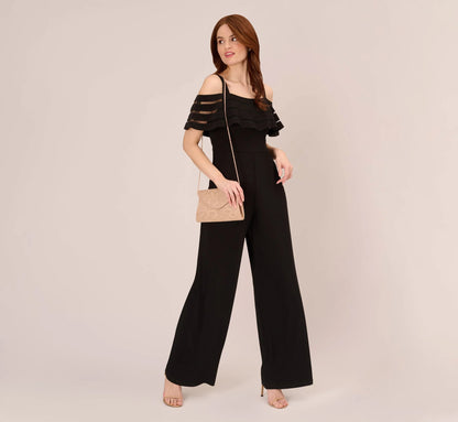 Jersey Banded Ruffled Jumpsuit With Cold Shoulder In Black