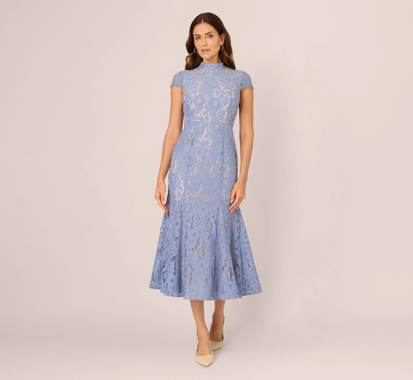Cap Sleeve Lace Midi Dress In French Blue Nude