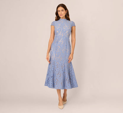 Cap Sleeve Lace Midi Dress In French Blue Nude
