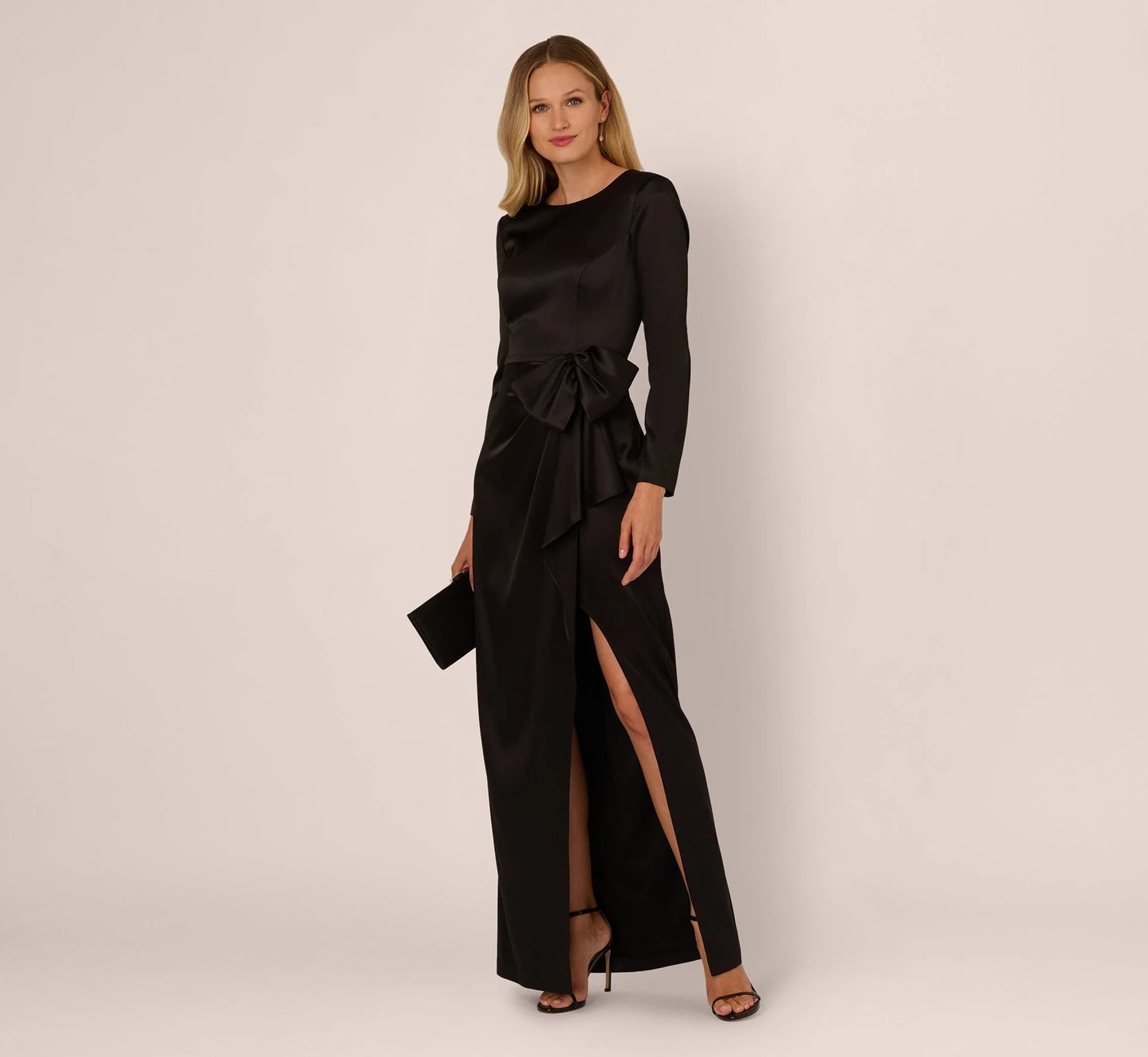 Long Sleeve Satin Bow Gown In Black