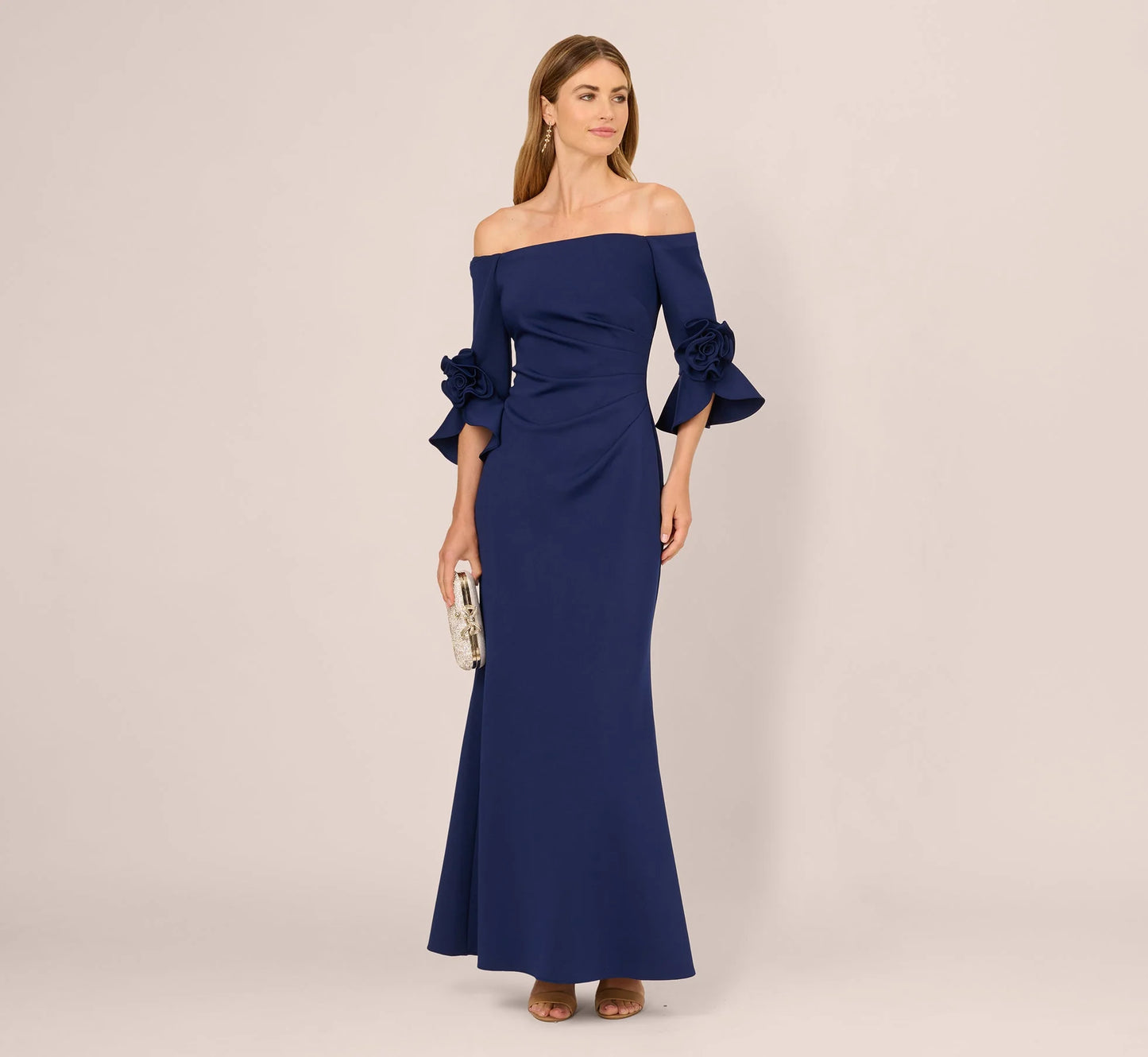 Off Shoulder Bell Sleeve Rosette Gown In Navy Sateen