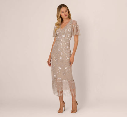 Flutter Sleeve Floral Beaded Fringe Midi Dress In Marble