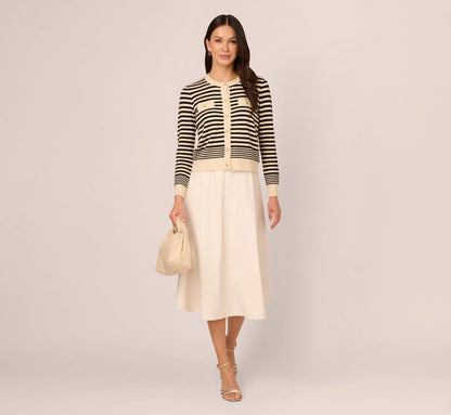 Crew Neck Button Front Striped Pointelle Cardigan Sweater In Cream Black