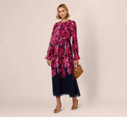 Floral Wrap Waist Ankle Dress In Navy Pink Multi