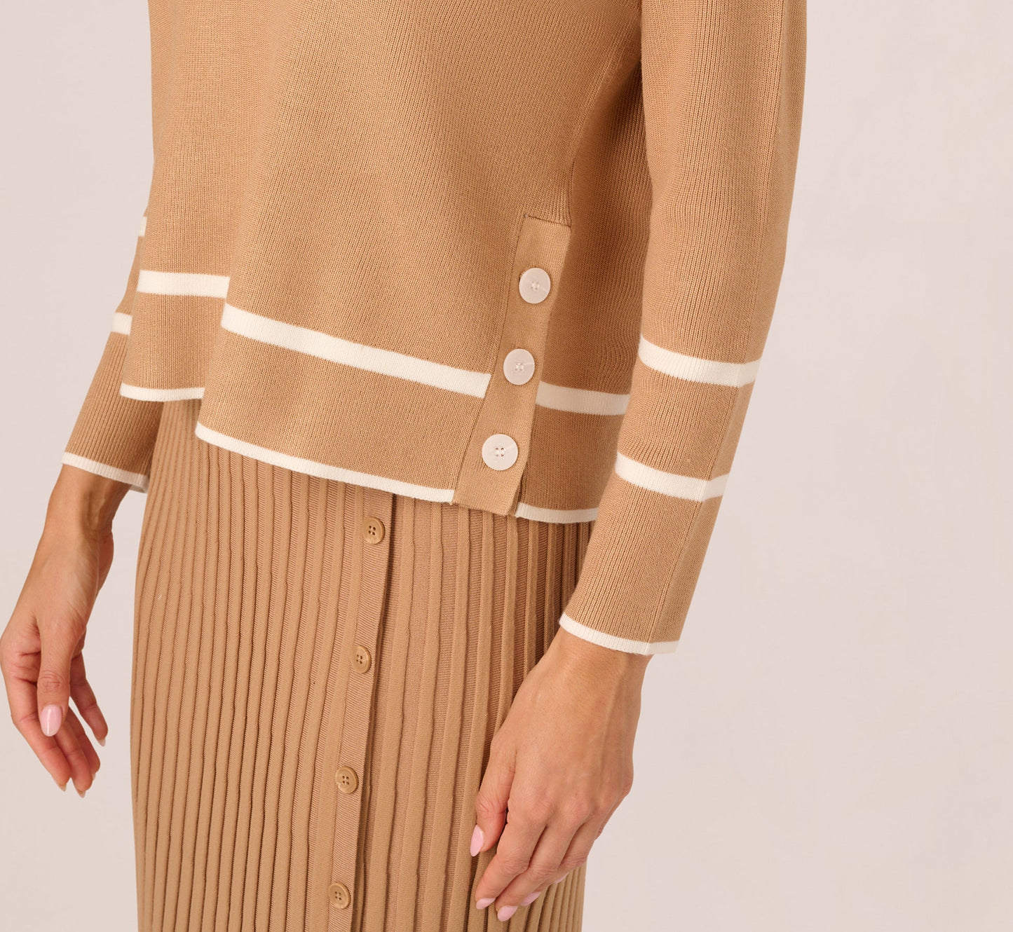 Long Sleeve Drop Shoulder Twofer Sweater In Golden Camel Ivory