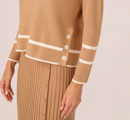 Long Sleeve Drop Shoulder Twofer Sweater In Golden Camel Ivory